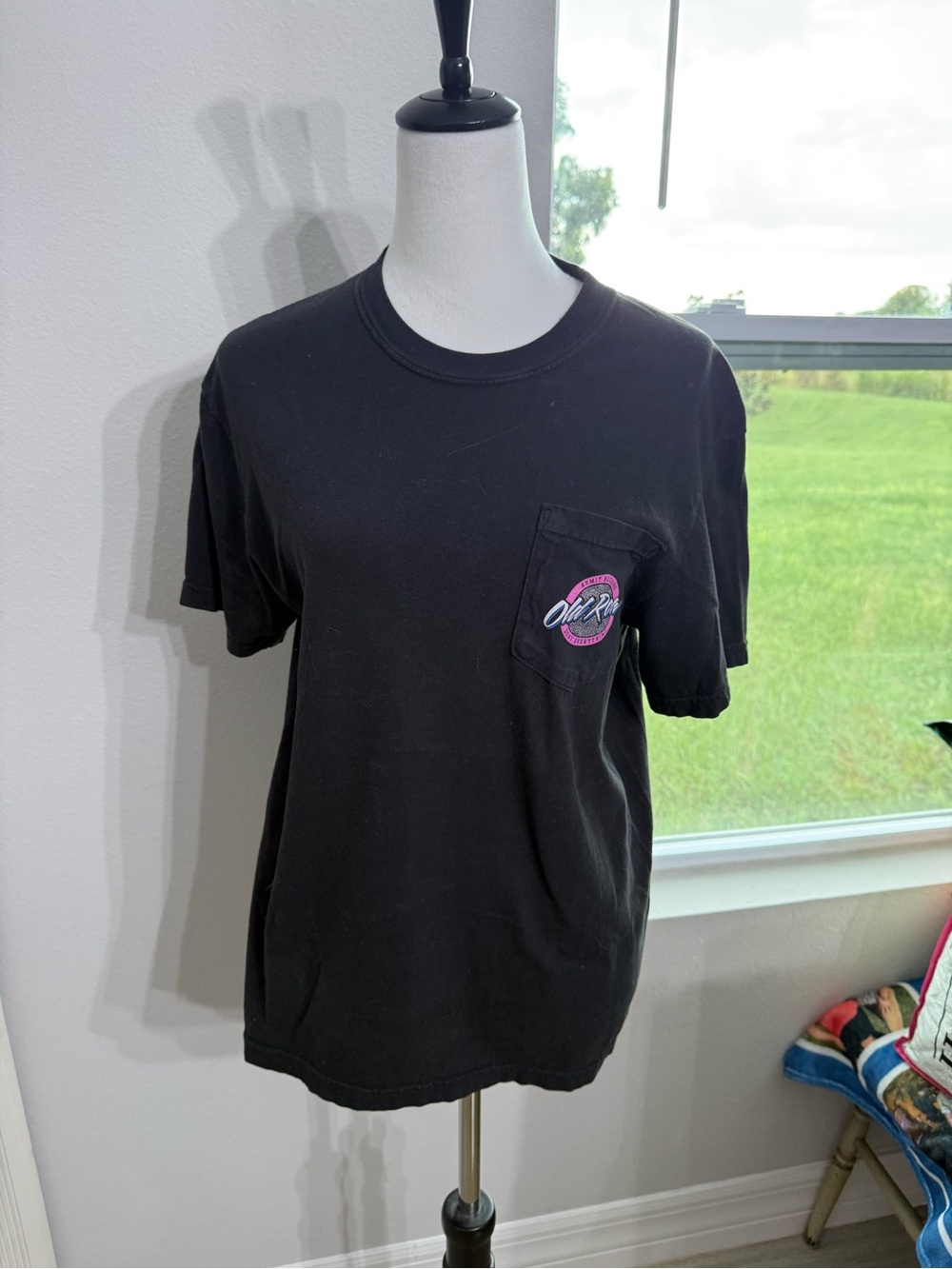 Old Row Black Short-Sleeve Pocket Tee with Pink Script Patch
